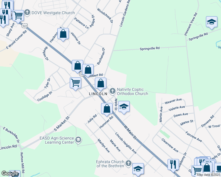 map of restaurants, bars, coffee shops, grocery stores, and more near 1385 Apple Street in Ephrata