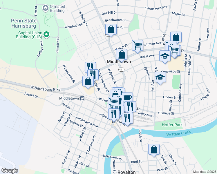 map of restaurants, bars, coffee shops, grocery stores, and more near 156 North Catherine Street in Middletown