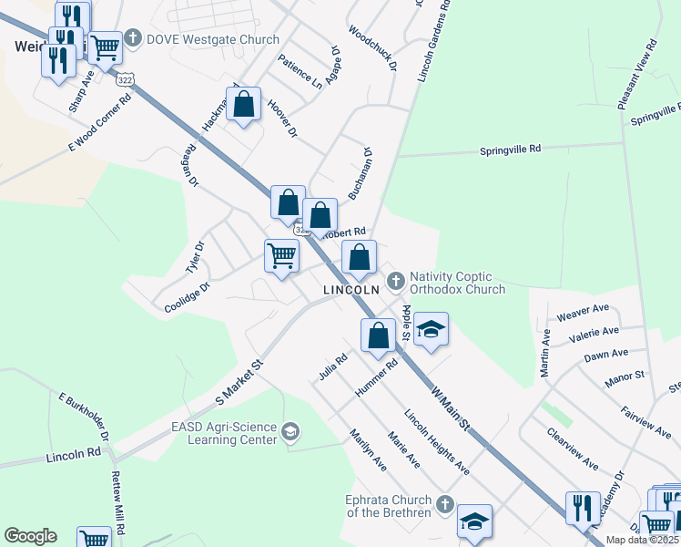 map of restaurants, bars, coffee shops, grocery stores, and more near 1423 West Main Street in Ephrata