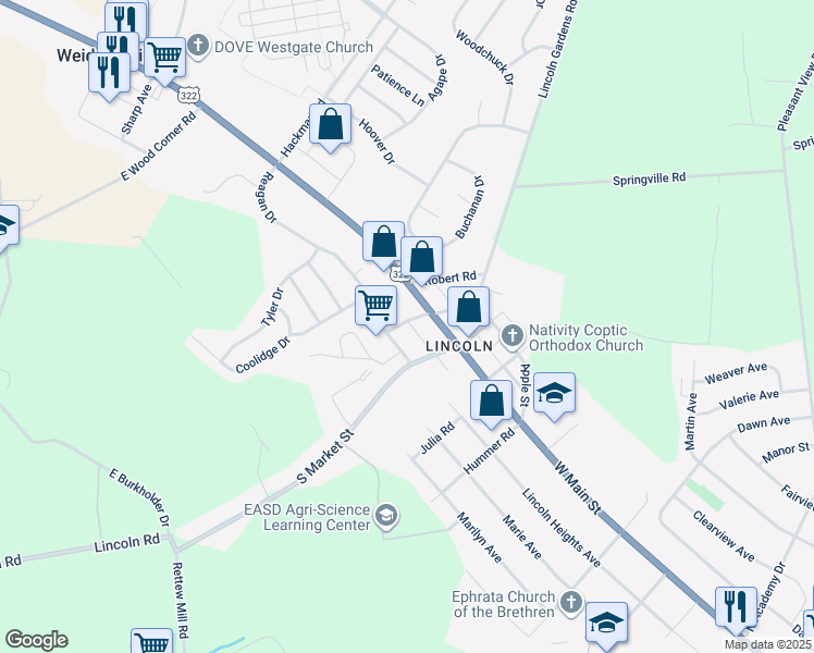map of restaurants, bars, coffee shops, grocery stores, and more near 29 South Charles Street in Ephrata