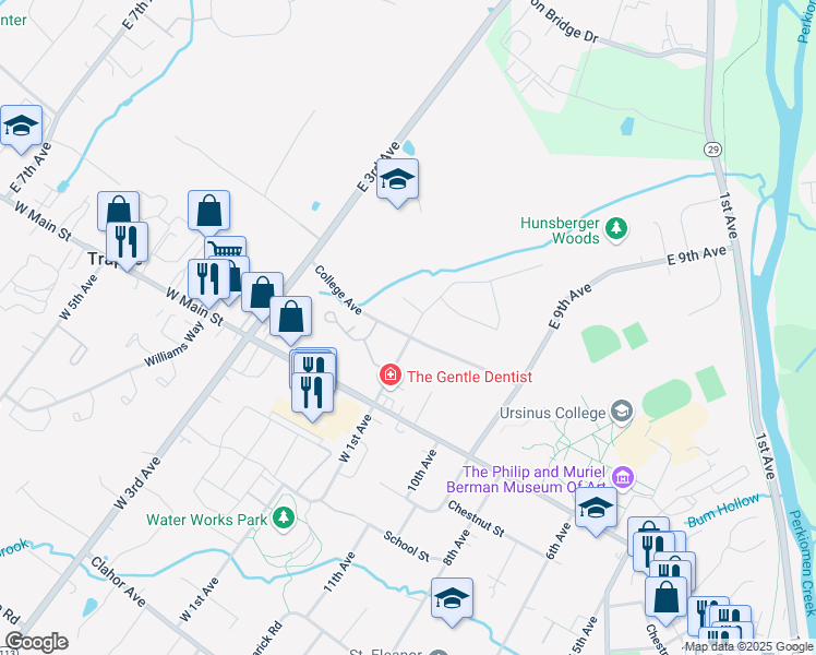 map of restaurants, bars, coffee shops, grocery stores, and more near 105 College Avenue in Collegeville