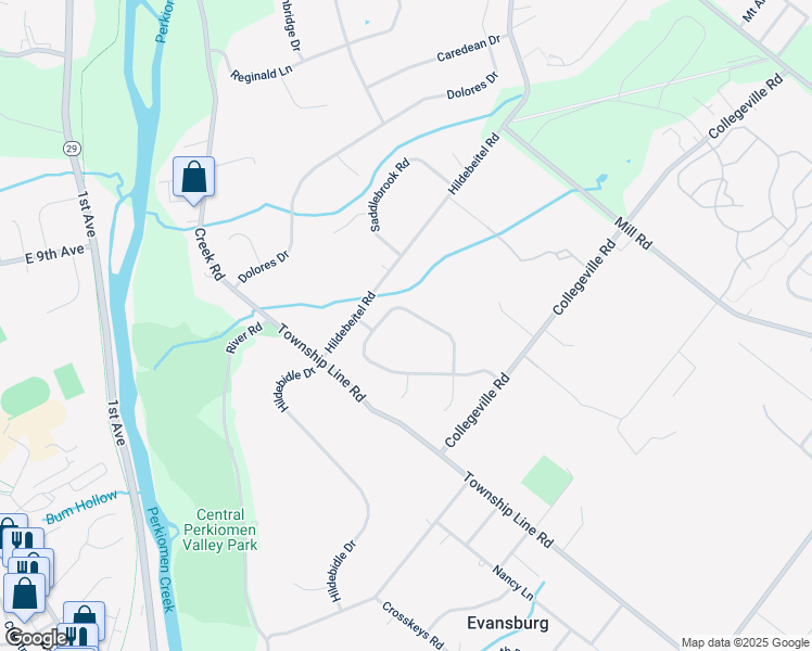 map of restaurants, bars, coffee shops, grocery stores, and more near 4063 Steeplechase Drive in Collegeville