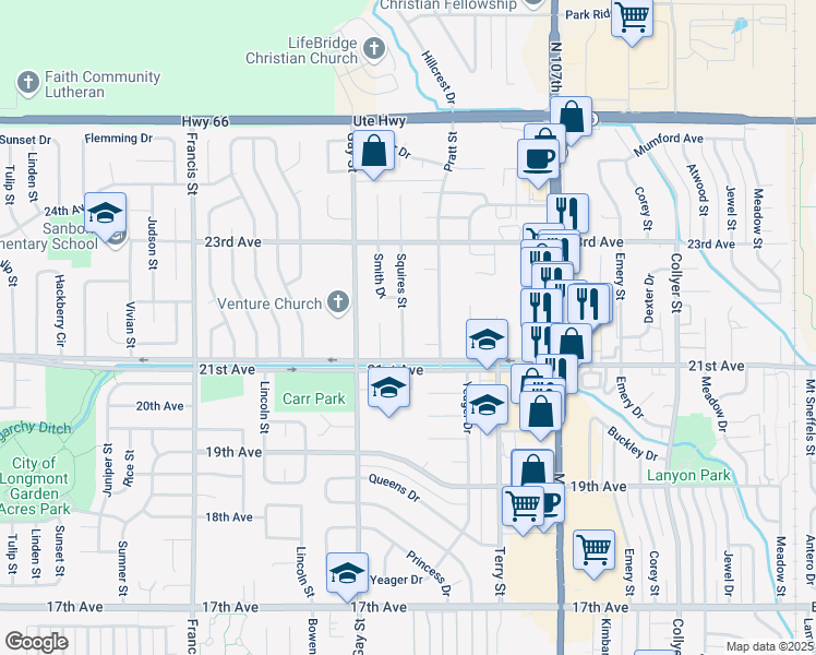 map of restaurants, bars, coffee shops, grocery stores, and more near 2130 Squires Street in Longmont