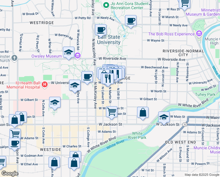 map of restaurants, bars, coffee shops, grocery stores, and more near 414 North Martin Street in Muncie