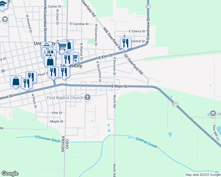 map of restaurants, bars, coffee shops, grocery stores, and more near 516 East Main Street in Union City
