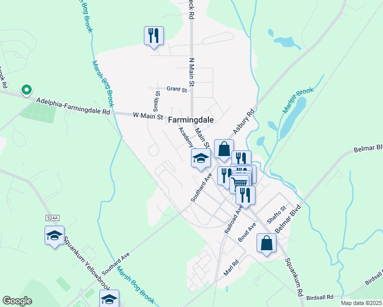 map of restaurants, bars, coffee shops, grocery stores, and more near 31 Academy St in Farmingdale