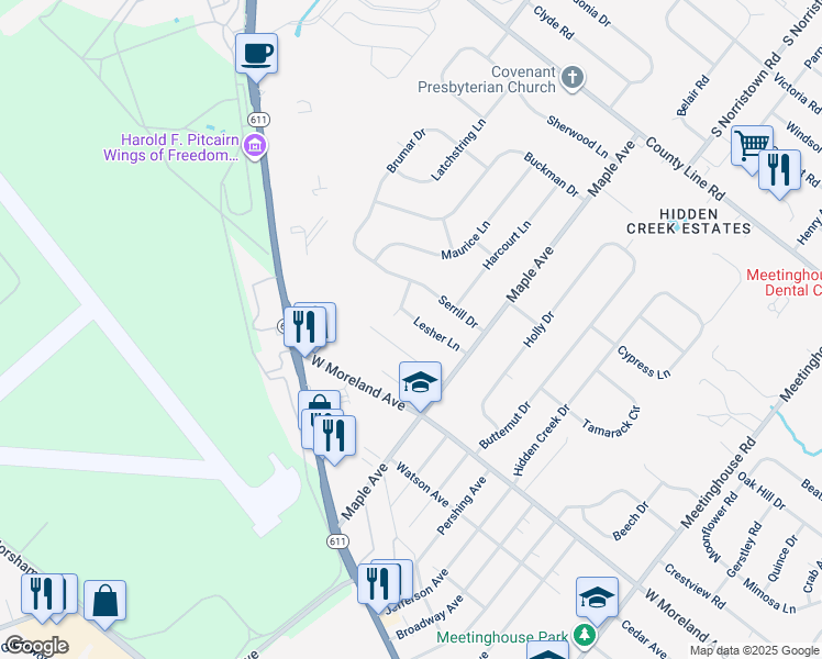 map of restaurants, bars, coffee shops, grocery stores, and more near 515 Lesher Lane in Hatboro