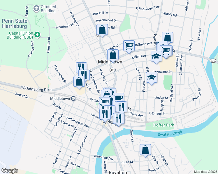 map of restaurants, bars, coffee shops, grocery stores, and more near 146 North Spring Street in Middletown