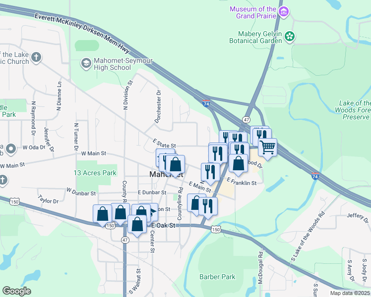 map of restaurants, bars, coffee shops, grocery stores, and more near 413 East State Street in Mahomet