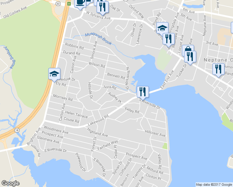 map of restaurants, bars, coffee shops, grocery stores, and more near 107 Overlook Drive in Neptune City