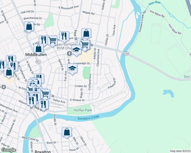 map of restaurants, bars, coffee shops, grocery stores, and more near 205 Hoffer Street in Middletown