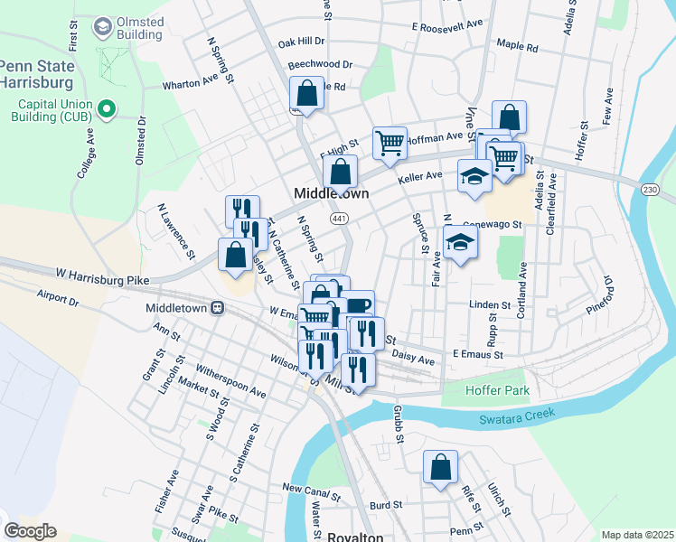map of restaurants, bars, coffee shops, grocery stores, and more near 142 North Spring Street in Middletown