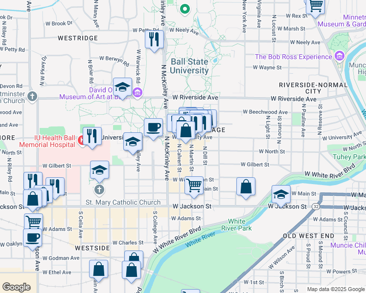 map of restaurants, bars, coffee shops, grocery stores, and more near 405 North Calvert Street in Muncie