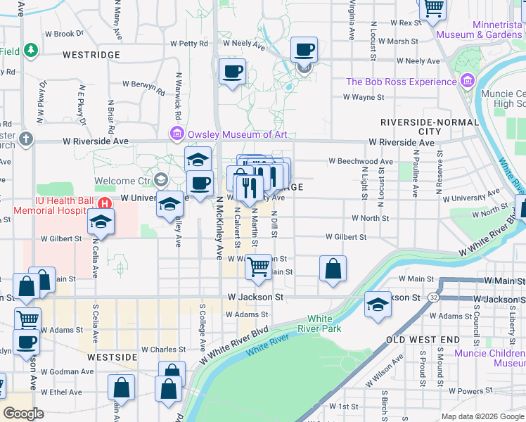 map of restaurants, bars, coffee shops, grocery stores, and more near 1623 West University Avenue in Muncie