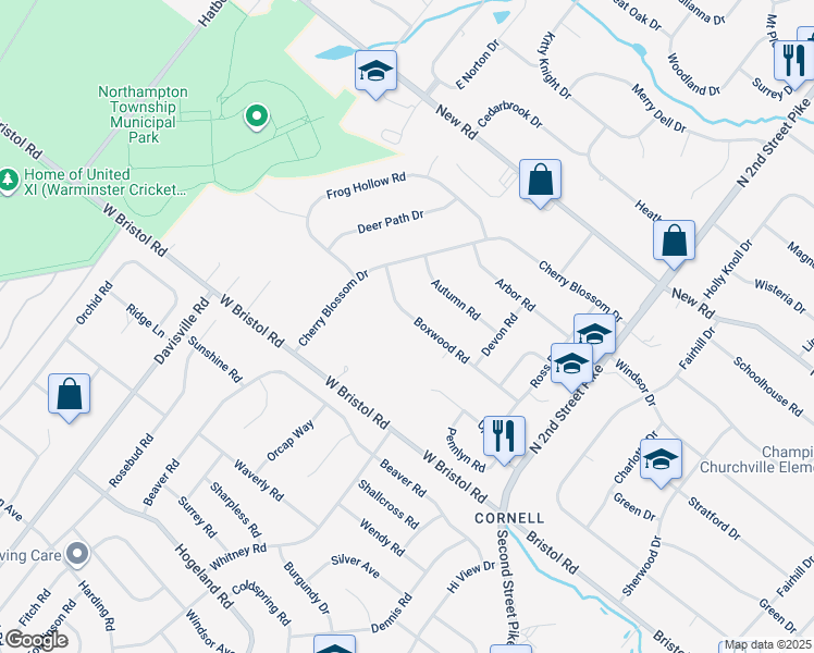 map of restaurants, bars, coffee shops, grocery stores, and more near 56 Boxwood Road in Churchville