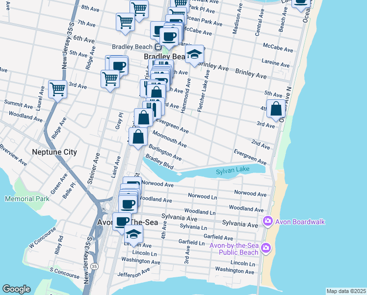 map of restaurants, bars, coffee shops, grocery stores, and more near 427 Monmouth Avenue in Bradley Beach