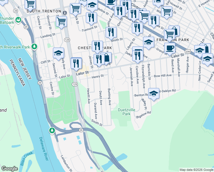 map of restaurants, bars, coffee shops, grocery stores, and more near 165 Bunting Avenue in Hamilton Township