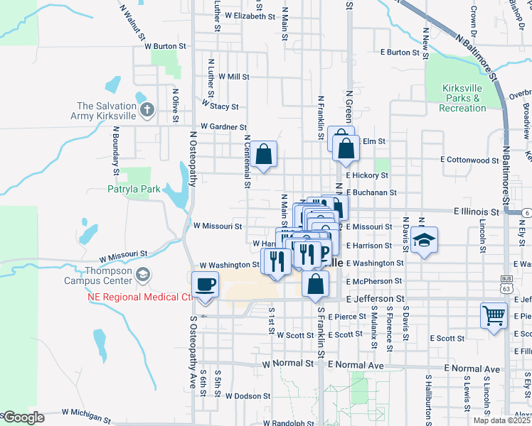 map of restaurants, bars, coffee shops, grocery stores, and more near 403 West Illinois Street in Kirksville