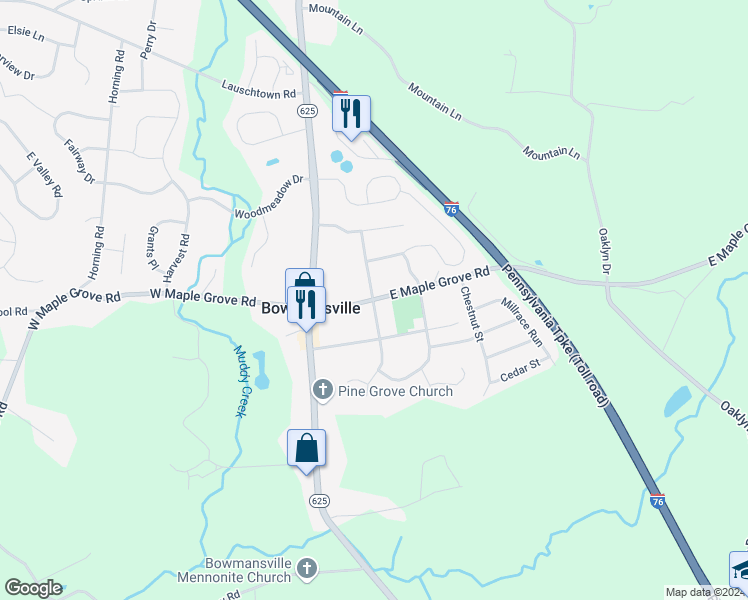 map of restaurants, bars, coffee shops, grocery stores, and more near 132 East Maple Grove Road in Narvon