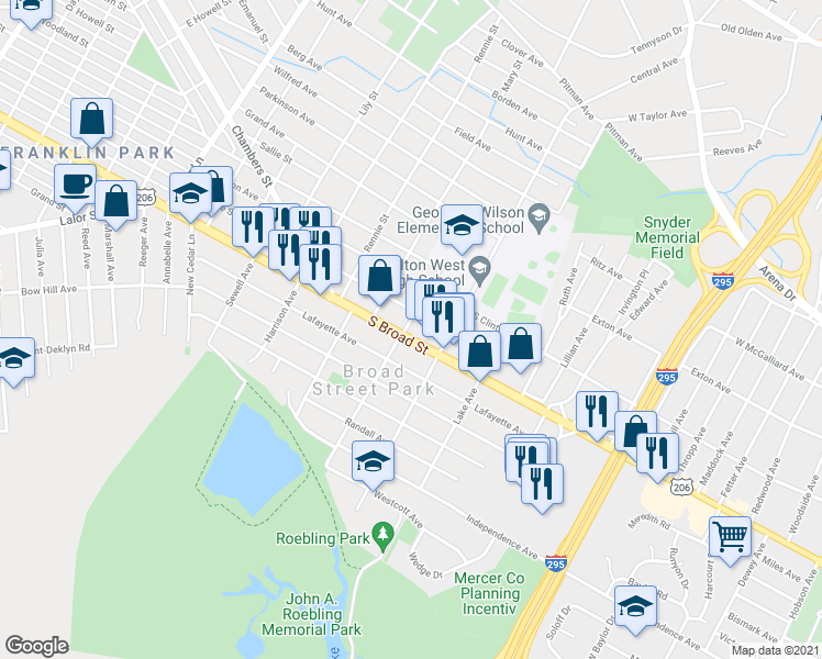 map of restaurants, bars, coffee shops, grocery stores, and more near 2104 South Broad Street in Trenton