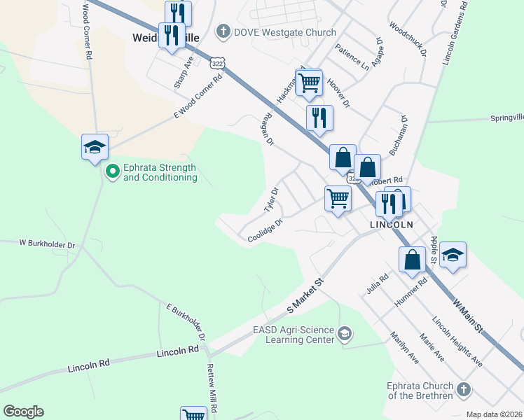 map of restaurants, bars, coffee shops, grocery stores, and more near 43 Tyler Dr in Ephrata