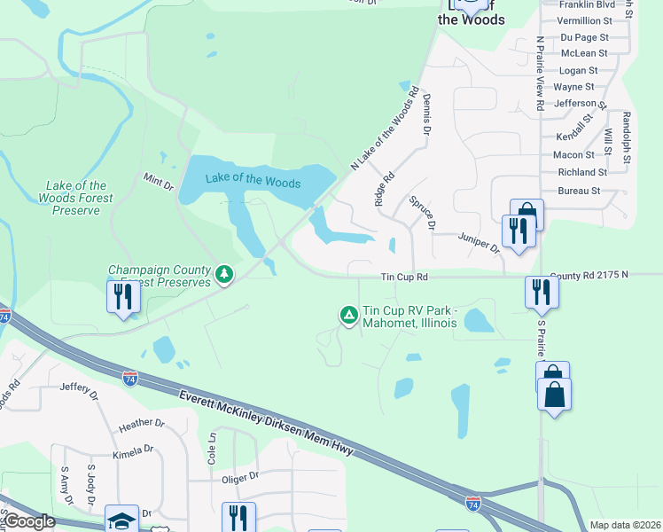 map of restaurants, bars, coffee shops, grocery stores, and more near 1726 Tin Cup Road in Mahomet