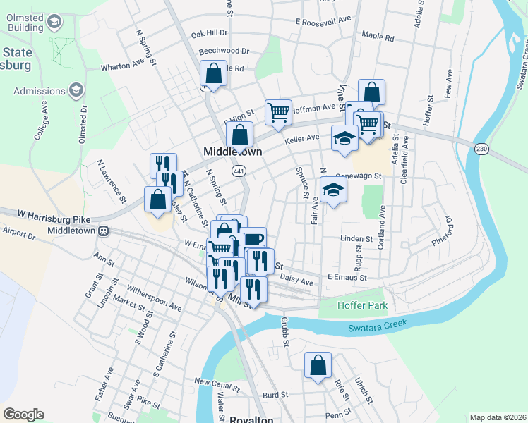 map of restaurants, bars, coffee shops, grocery stores, and more near 201 North Pine Street in Middletown