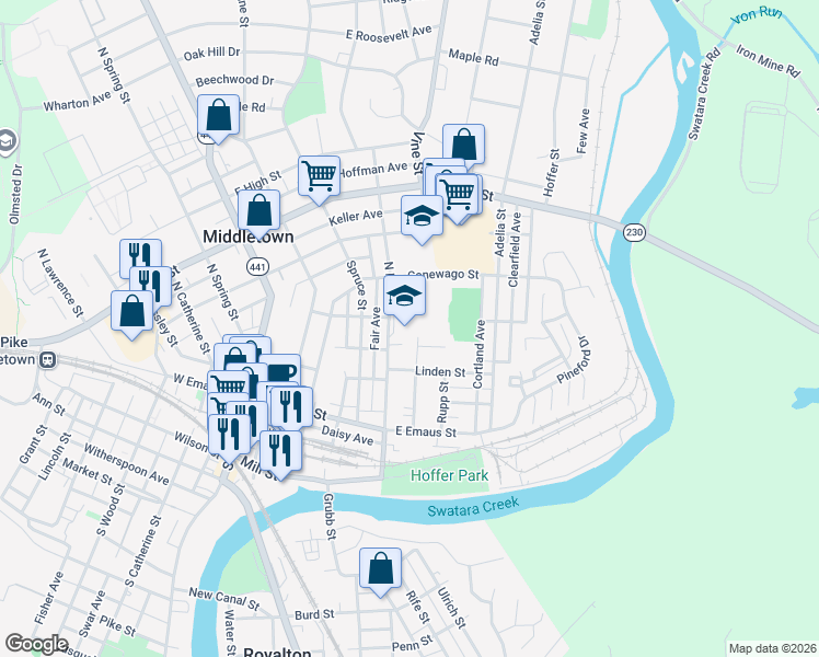 map of restaurants, bars, coffee shops, grocery stores, and more near 150 North Race Street in Middletown