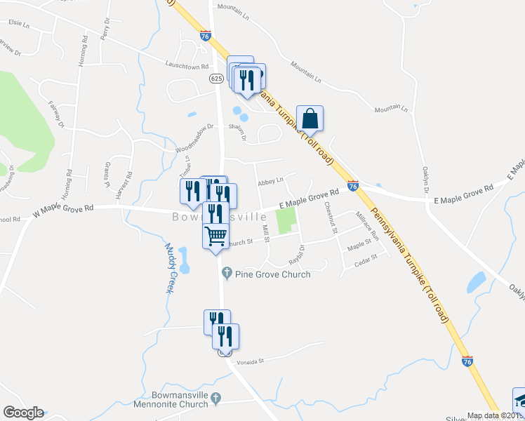 map of restaurants, bars, coffee shops, grocery stores, and more near 1265 Mill Street in Narvon