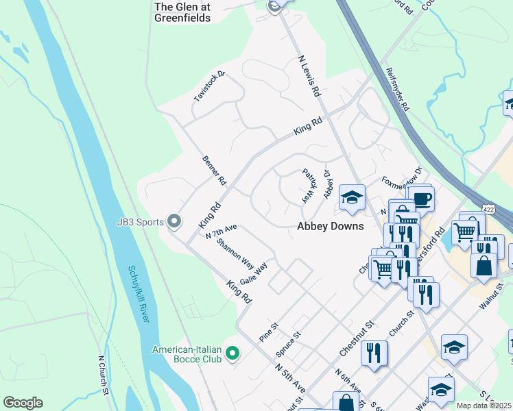 map of restaurants, bars, coffee shops, grocery stores, and more near 153 Abbey Drive in Royersford