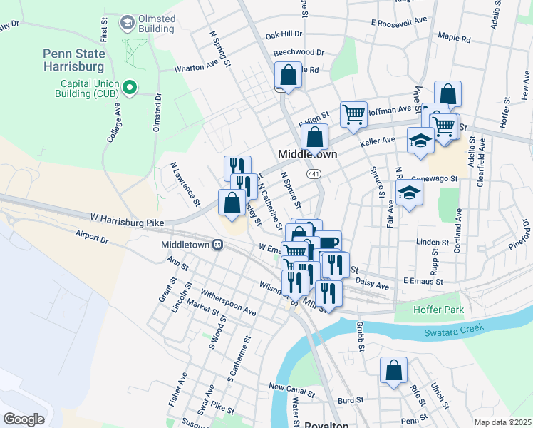map of restaurants, bars, coffee shops, grocery stores, and more near 201 North Catherine Street in Middletown