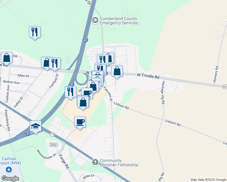 map of restaurants, bars, coffee shops, grocery stores, and more near 1412 West Trindle Road in Carlisle