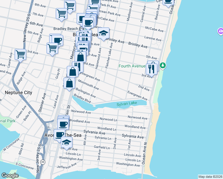 map of restaurants, bars, coffee shops, grocery stores, and more near 27 Madison Avenue in Bradley Beach