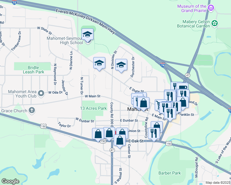 map of restaurants, bars, coffee shops, grocery stores, and more near 203 North Division Street in Mahomet