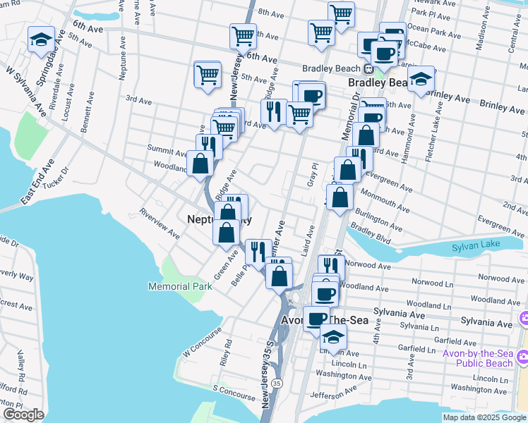 map of restaurants, bars, coffee shops, grocery stores, and more near 13 McClelland Place in Neptune City