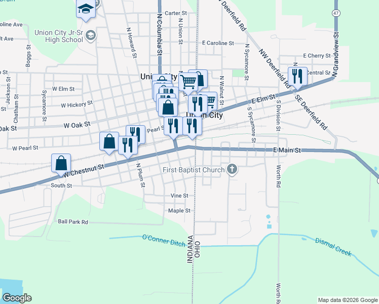 map of restaurants, bars, coffee shops, grocery stores, and more near 129 West Chestnut Street in Union City