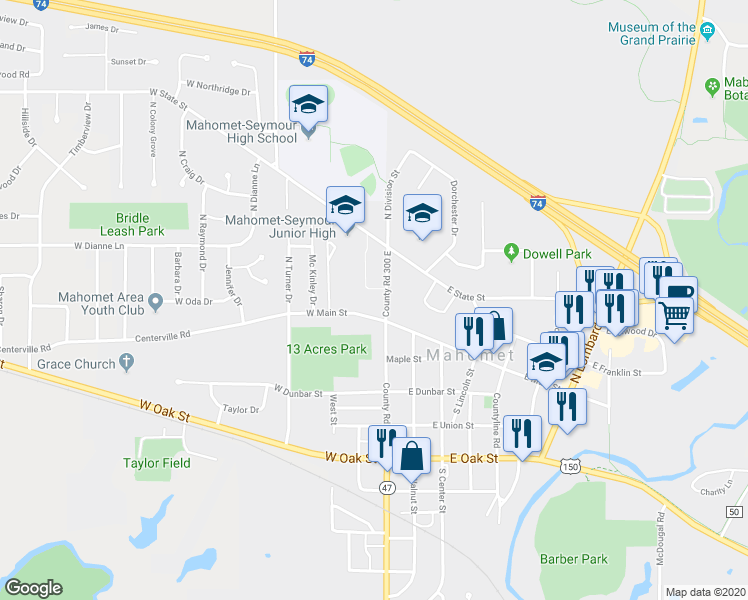 map of restaurants, bars, coffee shops, grocery stores, and more near 101 North Division Street in Mahomet