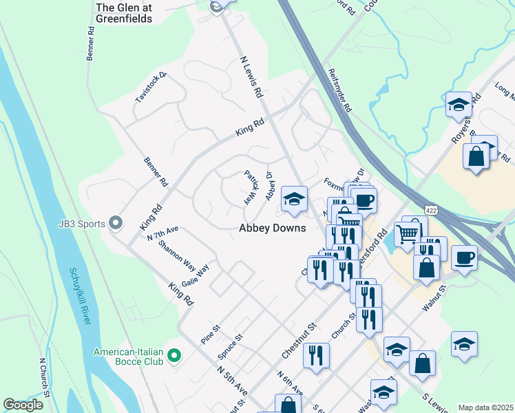 map of restaurants, bars, coffee shops, grocery stores, and more near 189 Abbey Drive in Royersford