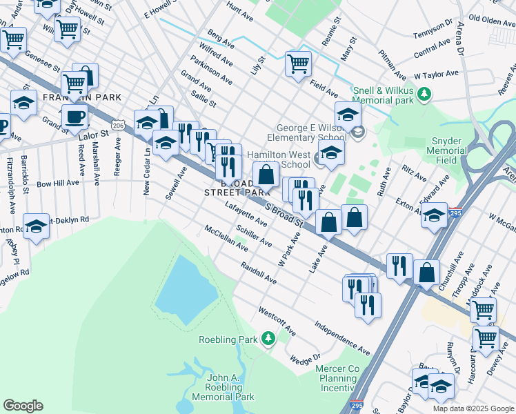 map of restaurants, bars, coffee shops, grocery stores, and more near 2025 South Broad Street in Hamilton Township