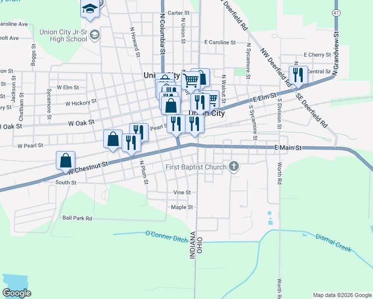 map of restaurants, bars, coffee shops, grocery stores, and more near 129 West Chestnut Street in Union City