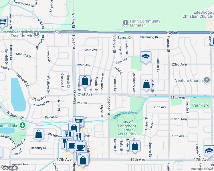 map of restaurants, bars, coffee shops, grocery stores, and more near 2125 Spencer Street in Longmont