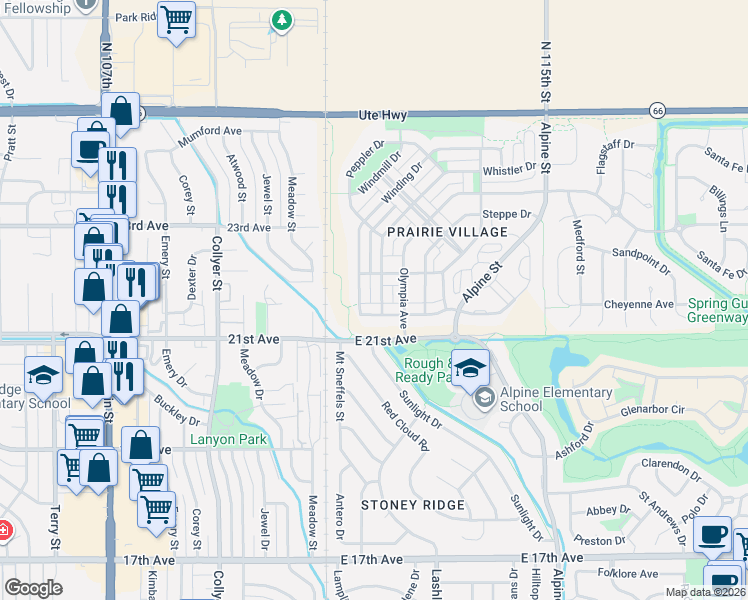 map of restaurants, bars, coffee shops, grocery stores, and more near 2256 Winding Drive in Longmont