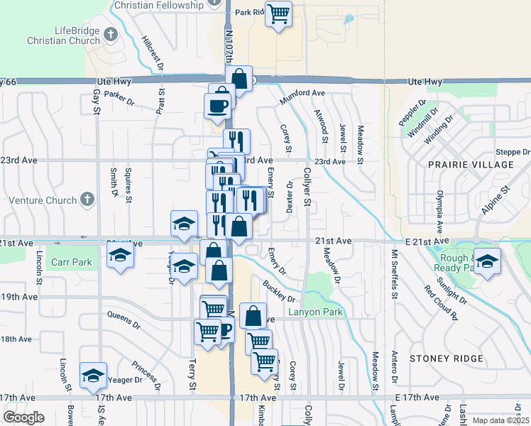 map of restaurants, bars, coffee shops, grocery stores, and more near 2139 Emery Street in Longmont