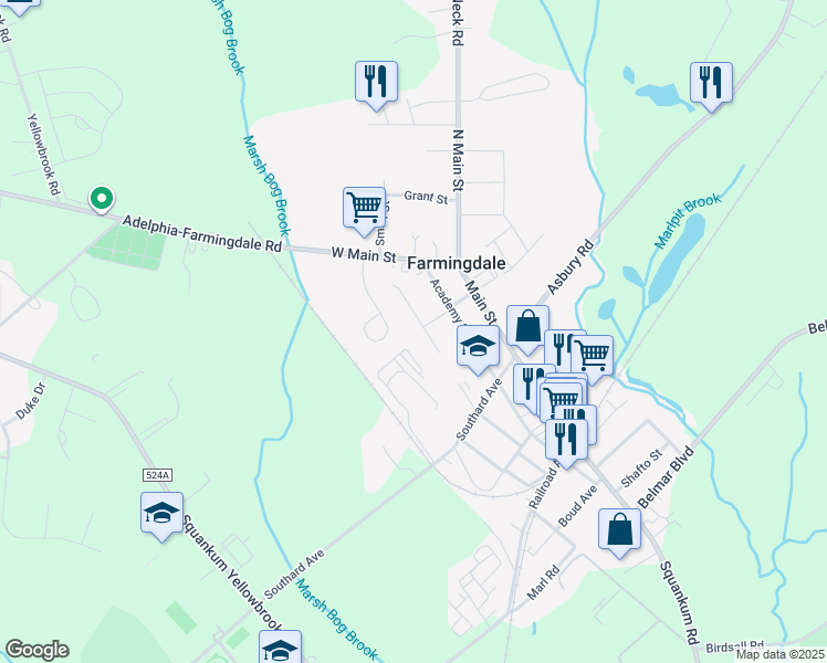 map of restaurants, bars, coffee shops, grocery stores, and more near 51 Walnut Street in Farmingdale
