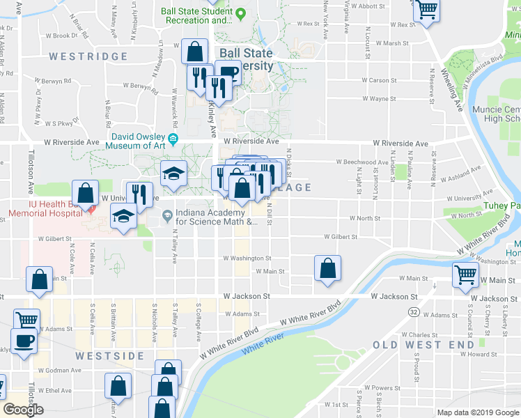 map of restaurants, bars, coffee shops, grocery stores, and more near 414 North Martin Street in Muncie