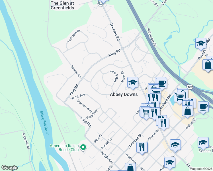map of restaurants, bars, coffee shops, grocery stores, and more near Wexford Court in Montgomery County