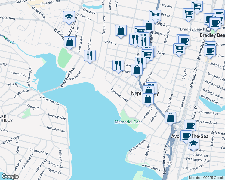 map of restaurants, bars, coffee shops, grocery stores, and more near 114 Riverview Avenue in Neptune City