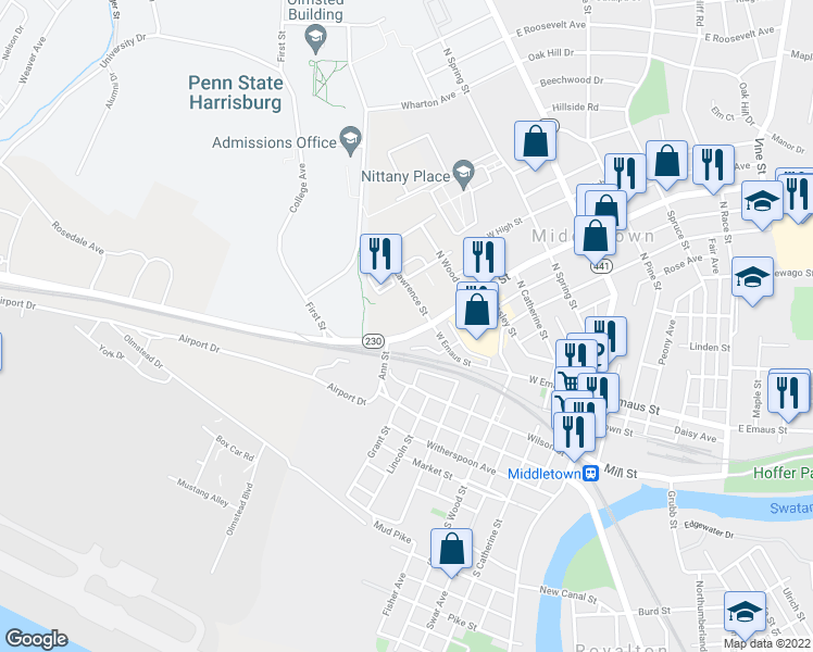 map of restaurants, bars, coffee shops, grocery stores, and more near 405 West Main Street in Middletown