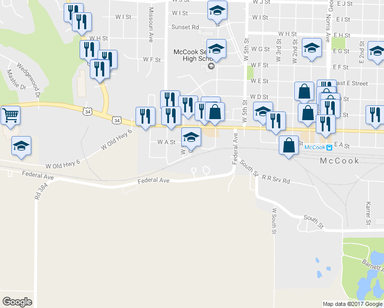 map of restaurants, bars, coffee shops, grocery stores, and more near 101 West 9th Street in McCook