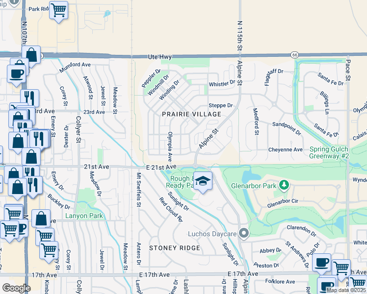map of restaurants, bars, coffee shops, grocery stores, and more near 2178 Steppe Drive in Longmont